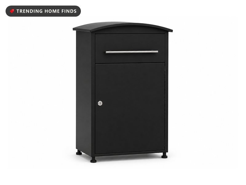 A tall black parcel drop box with a curved lid, a chrome pull handle on the upper flap and a locking lower door.