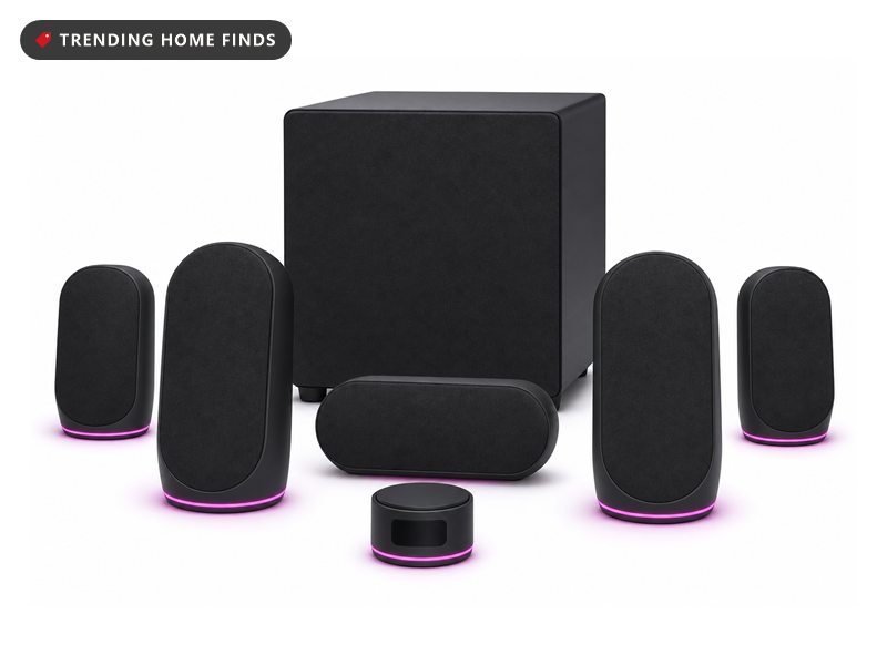 Illuminated 5.1 gaming speaker set with satellites and a subwoofer, on a white background