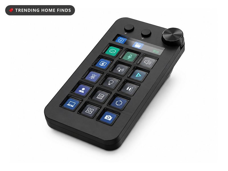Black desktop macro pad with fifteen icon keys, two small knobs and a large rotary dial, on a white background