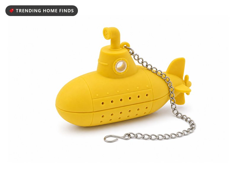 Yellow silicone submarine tea infuser with a stainless chain and hook, on a white background