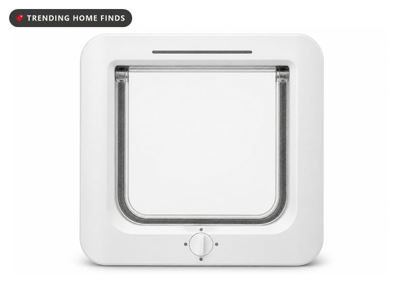 Square white cat flap with a clear swinging door and a small round four-way lock dial.