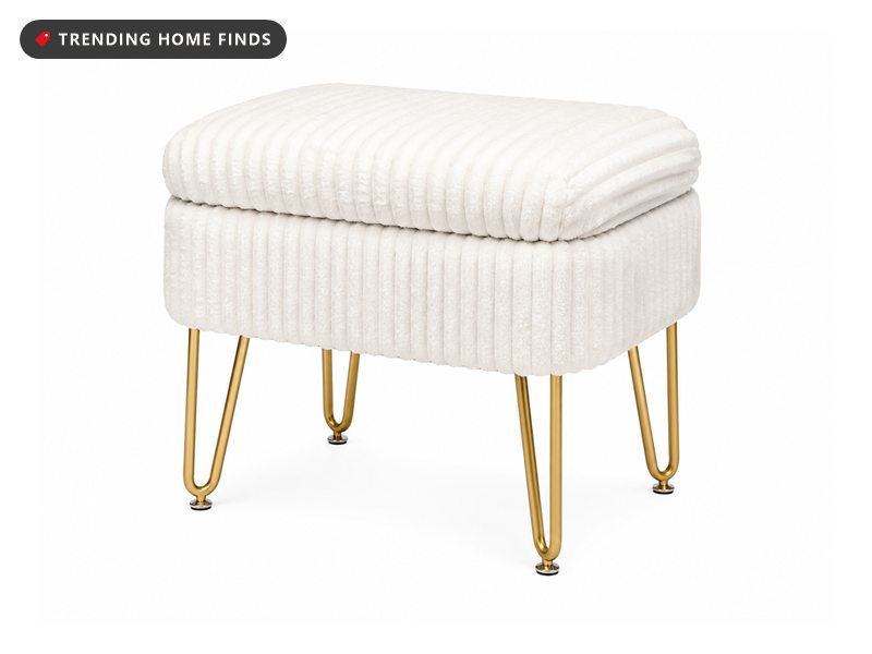 White ribbed fabric vanity stool with a padded storage lid on four gold hairpin legs