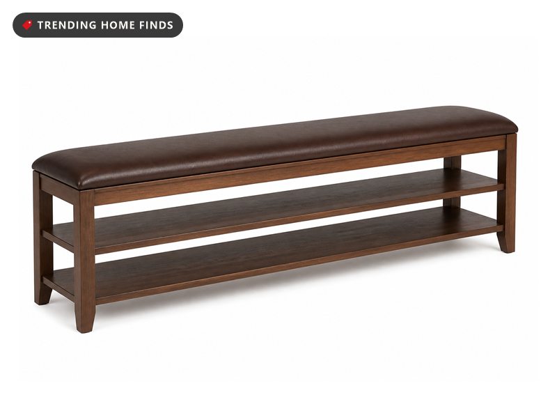 Walnut stained rubberwood shoe bench with a brown padded seat and three open shelves below it.
