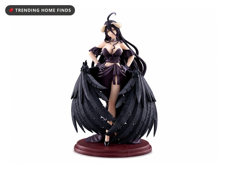 Taito AMP+ figure of Albedo from Overlord in a black off-shoulder dress with white horns and black feathered wings, standing on a round dark red base