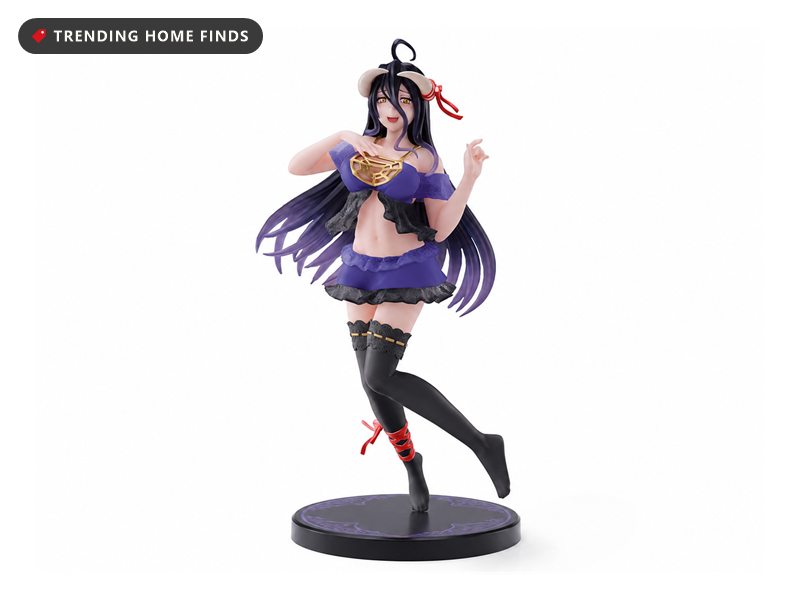 Taito Coreful figure of Albedo from Overlord in a purple off-shoulder nightwear top and ruffled skirt with black lace thigh-highs and white horns