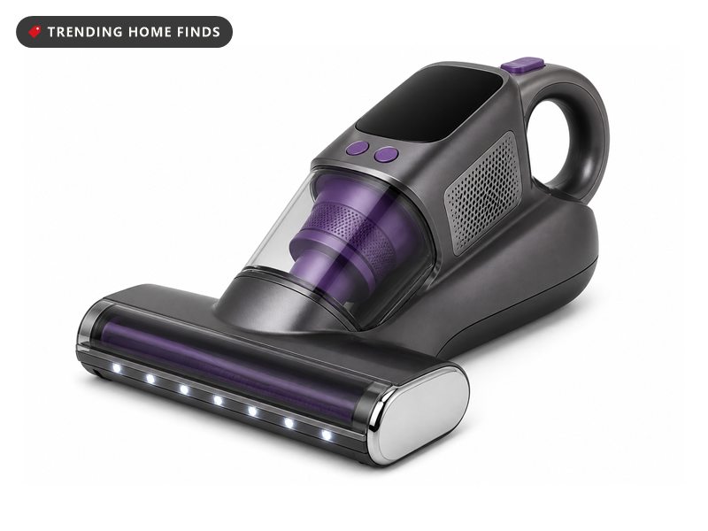 Black and purple Teant cordless handheld mattress vacuum with an LED display and a wide roller brush head