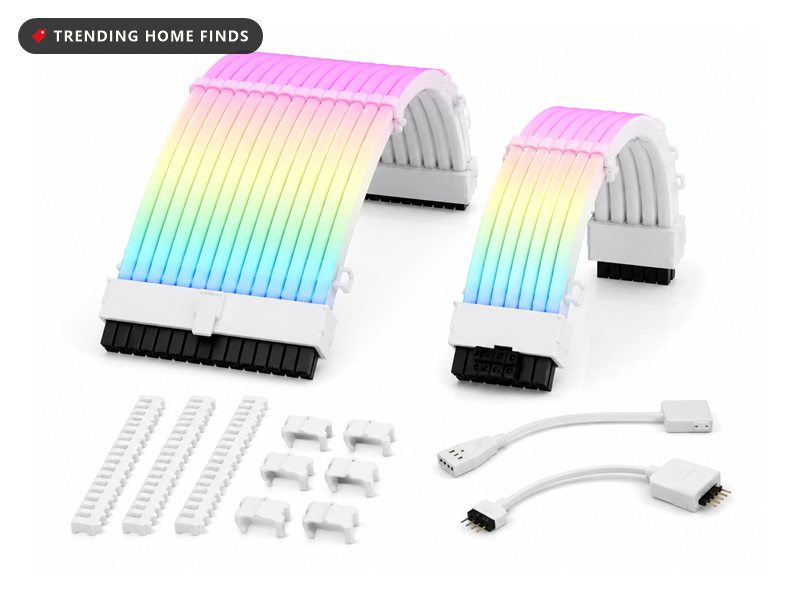 Two white RGB cable covers arched over sleeved power cables, shown with mounting clips and adapter leads