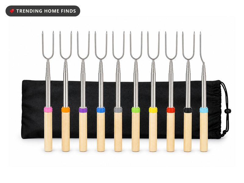Set of telescoping marshmallow roasting sticks with color ringed wooden handles and a carry bag