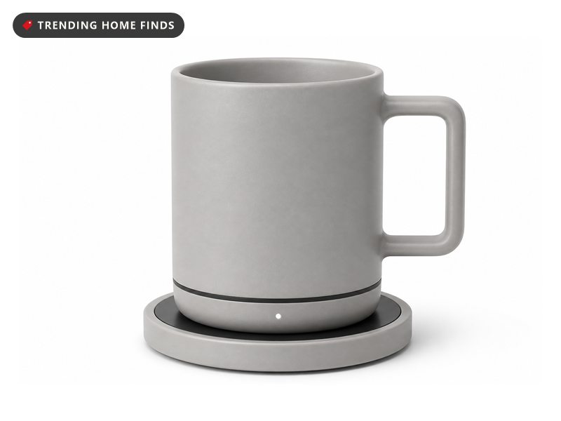 Gray heated smart mug sitting on its charging coaster