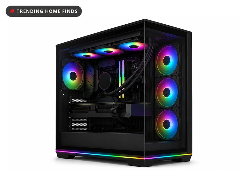 Black Thermaltake desktop tower with a wraparound glass panel, three fans across the top, three more down the side lit in rainbow colours, a row of lit memory sticks and a glowing strip along the base