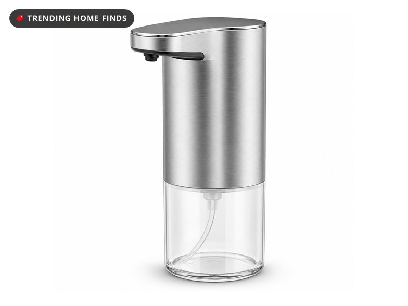 Brushed stainless steel automatic foaming soap dispenser with a clear soap chamber and a sensor under the spout