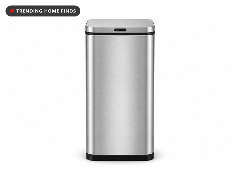 Tall brushed stainless steel EKO rectangular touchless trash can with a sensor panel on the lid