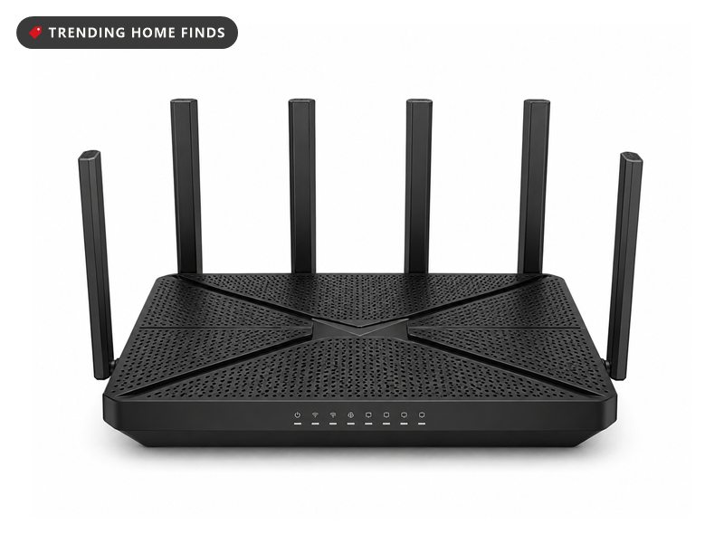 Black WiFi 7 router with six upright antennas and a row of status lights along the front edge
