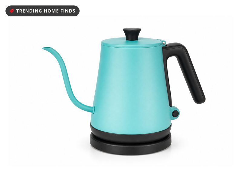 Turquoise gooseneck electric kettle on its black power base, on a white background