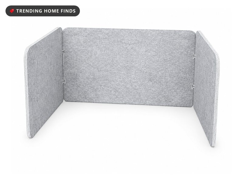 Gray felt U-shaped desk divider standing open with three panels