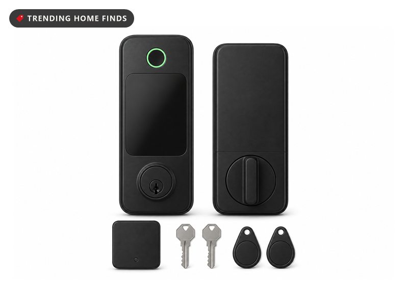 Black ULTRALOQ Bolt smart deadbolt with a fingerprint reader and keypad, shown with its interior thumb turn, WiFi bridge, keys and key fobs
