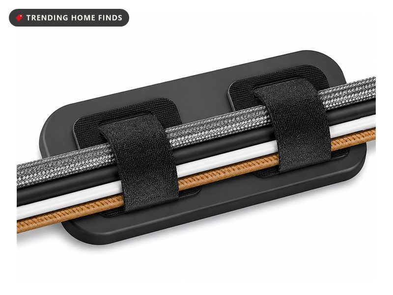 Black adhesive cable management pad with two hook and loop straps holding four cables of different thicknesses side by side