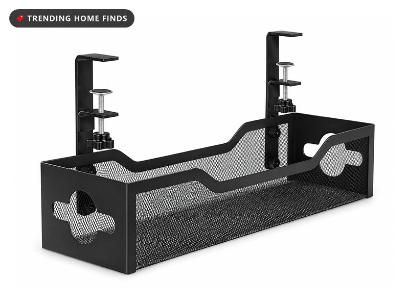 Black metal mesh under-desk cable tray with two clamp mounts and cable pass-through holes