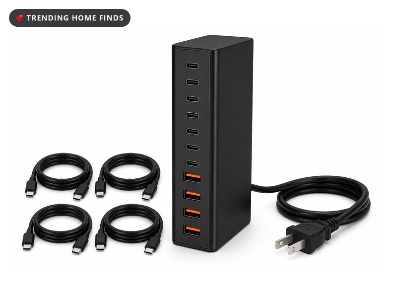 Black 245W ten-port USB charging station shown with four coiled charging cables