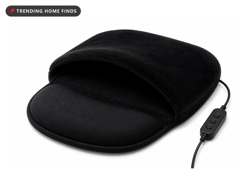 Black plush heated mouse pad cocoon with a hand resting inside it next to a mouse