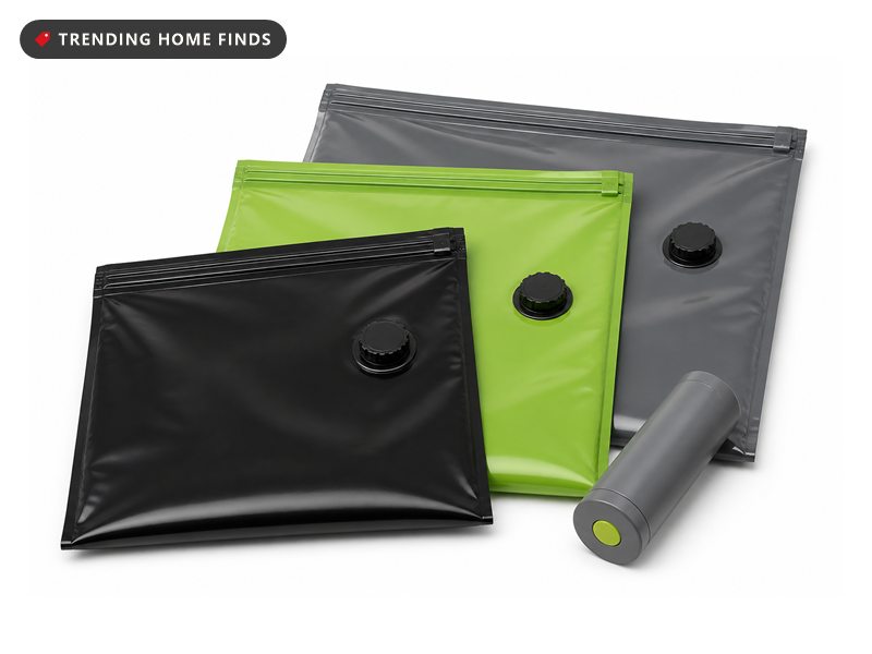 Vacuum compression storage bags in grey, lime and black with round valve caps, beside a small cylindrical cordless pump.