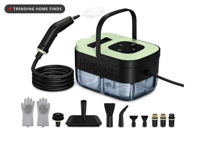 Green and black portable steam cleaner with hose, steam gun, gloves and a full set of brush and nozzle attachments