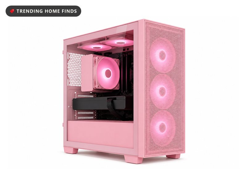 Pink Velztorm desktop tower with a mesh front panel lit by three pink fans, and a glass side panel showing a pink-lit motherboard, memory sticks and graphics card