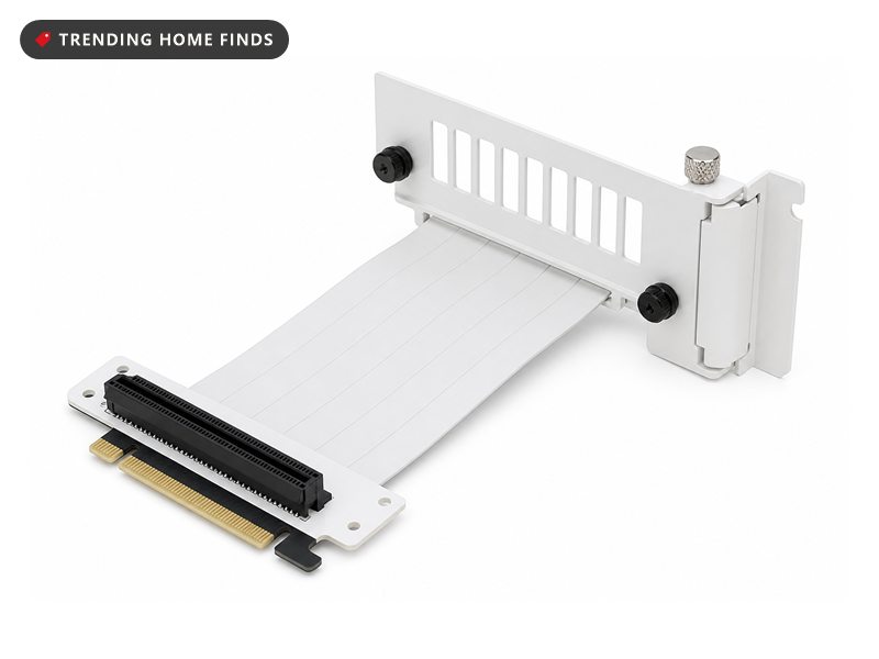 White steel vertical graphics card bracket with a hinged slot cover and a flat white PCIe riser cable with black connectors at both ends.