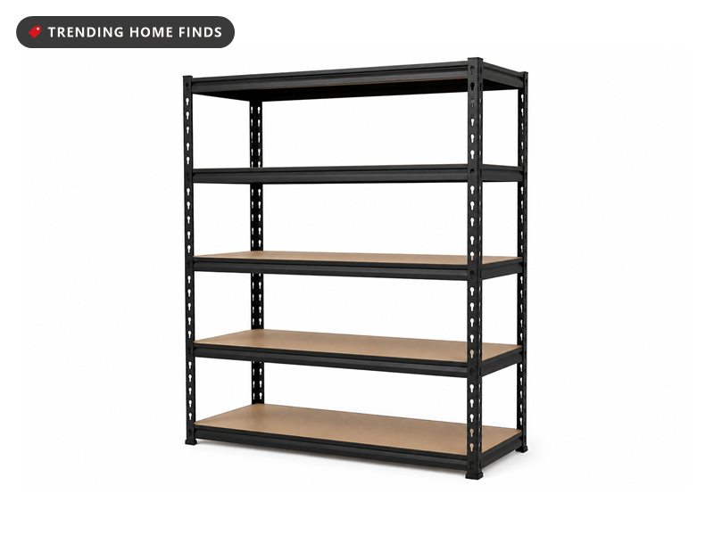 Black powder coated steel shelving unit with five brown particle board shelves seated in perforated corner posts.