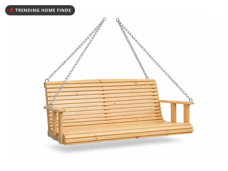 Five foot natural pine slatted bench swing hanging level on four galvanized chains, with a flat armrest at each end.