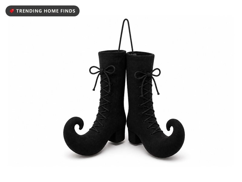 A pair of black suede witch boots with curled toes and laced fronts hanging together from one cord.