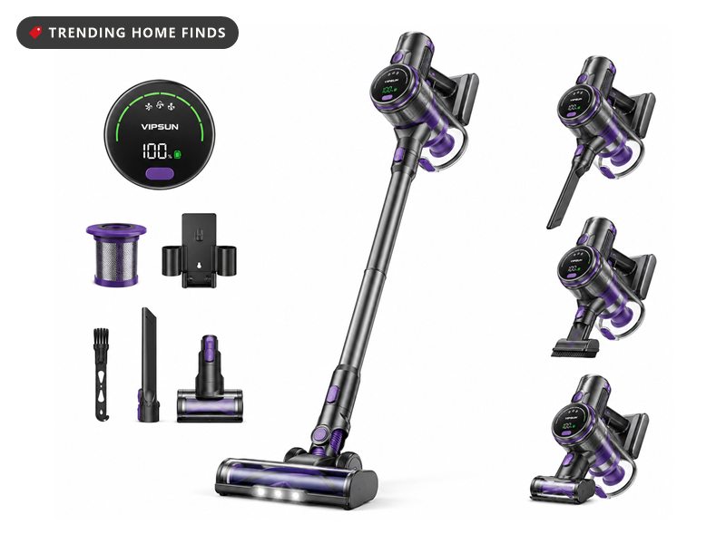 Purple and black VIPSUN cordless stick vacuum with an LED display, shown with crevice tools, brush heads and a spare battery