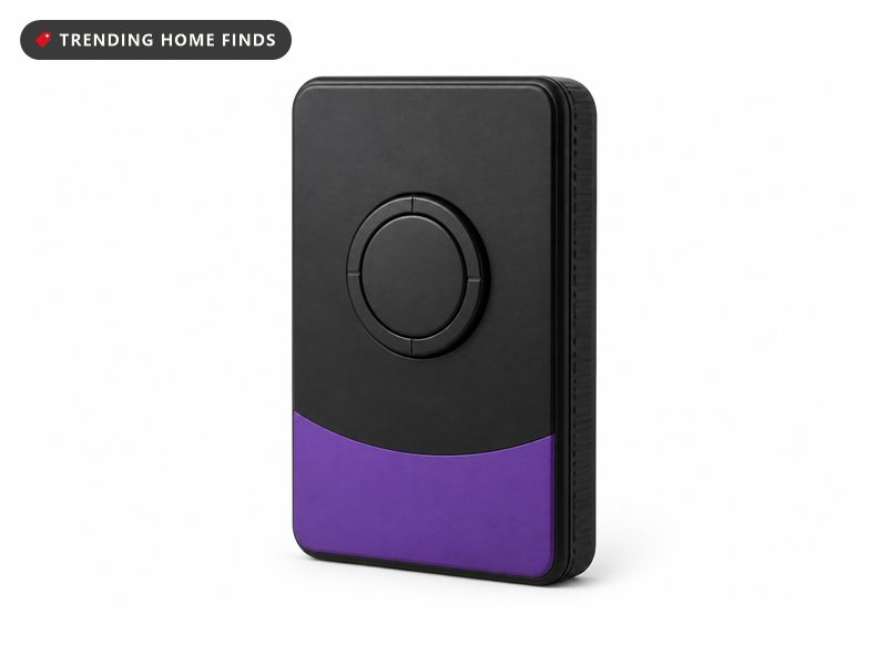 Matte black handheld wall scanner with a purple curved band and a round sensor dial on the face.