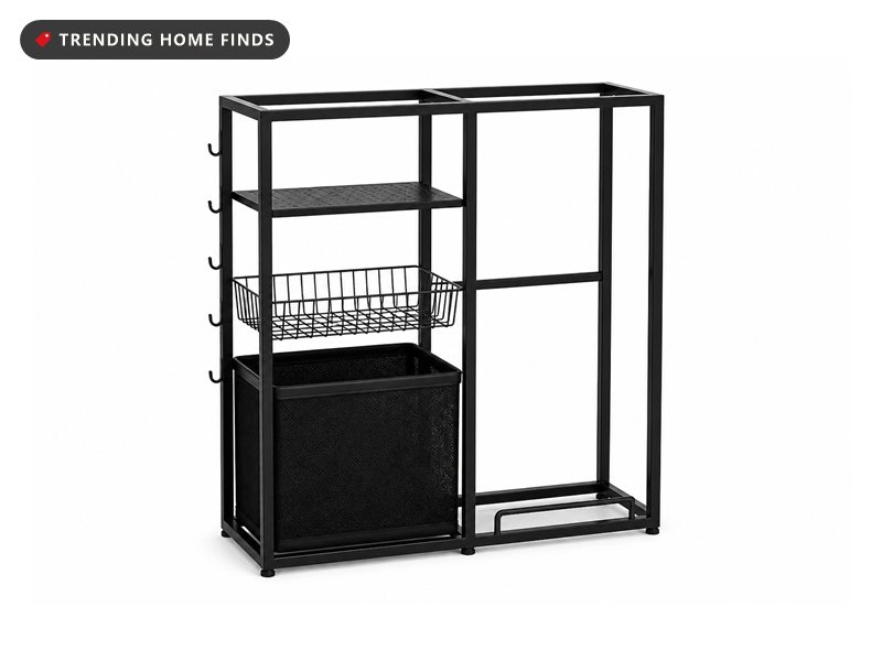 Open black steel garage rack in two bays, one with a deep mesh bin and a wire basket, the other a tall open slot.