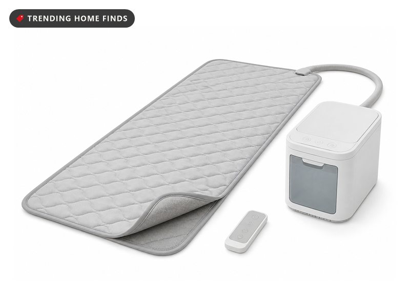 A made bed in cool blue grey linen with a water cooling pad laid under the top sheet and a small chiller unit beside the nightstand.