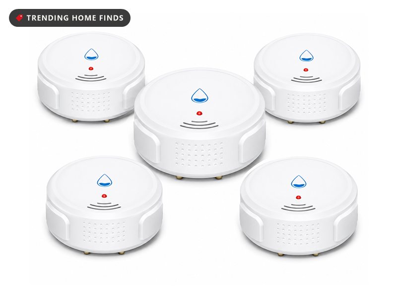 Five round white water leak detectors with blue water droplet icons and a red indicator light