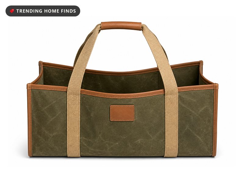 An olive green waxed canvas log carrier with tan leather trim, twin webbing straps and a leather wrapped handle.