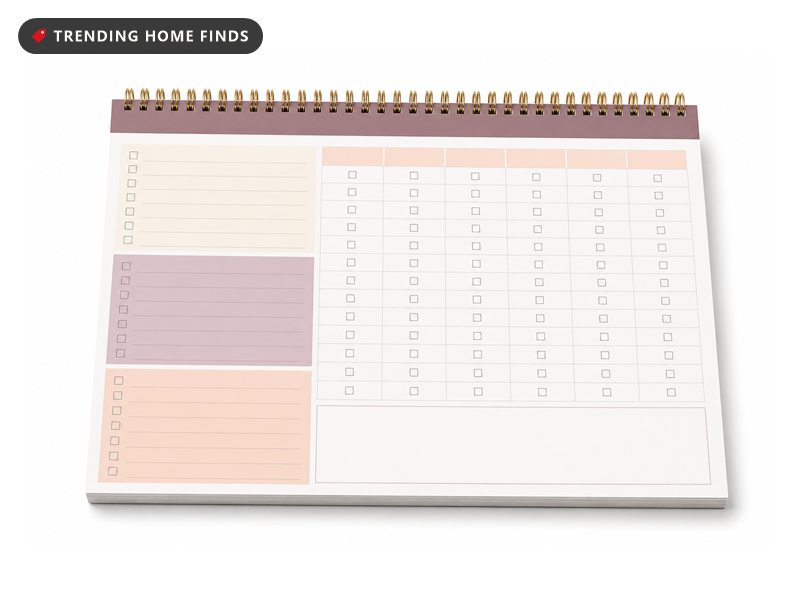 Spiral bound weekly planner pad with gold twin wire binding, three colored priority blocks down the left and a six column checkbox grid.