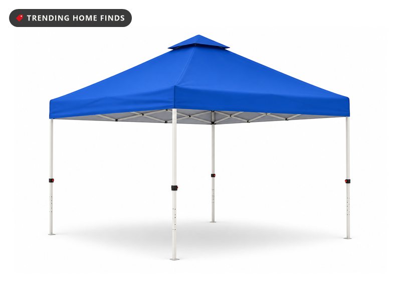 Ten foot square pop up canopy with a bright blue peaked roof and white steel legs, shown open.