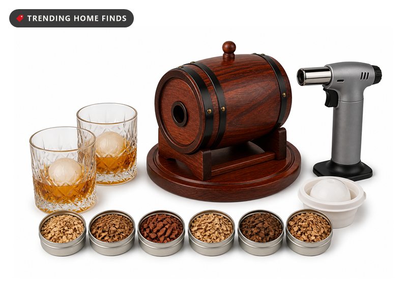 Barrel shaped wood cocktail smoker sitting on a whiskey glass with smoke inside, torch and four wood chip tins beside it