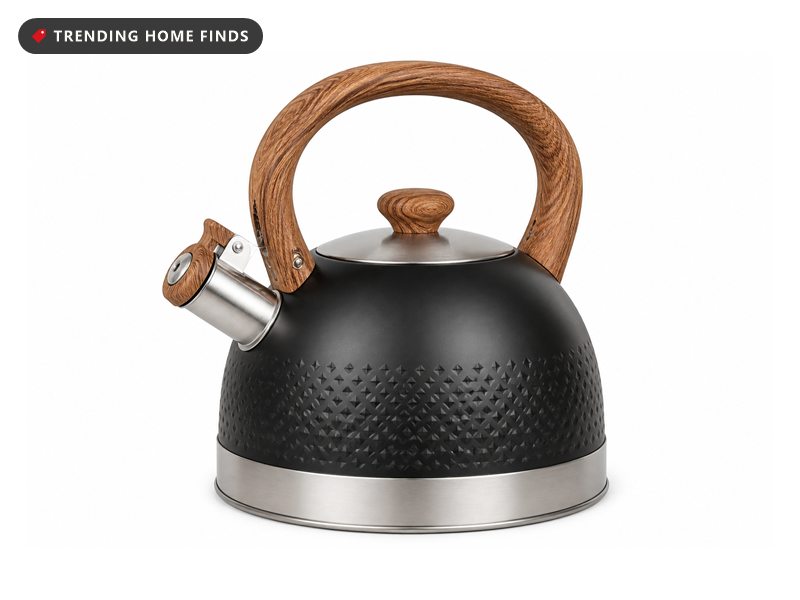 A matte black stove top kettle with a diamond dimpled lower body, a wood pattern arched handle and a hinged whistle on the spout.