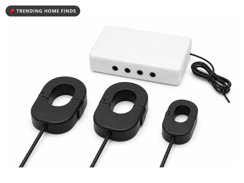 A small energy monitor clipped inside an open breaker panel on a garage wall in bright midday light, clamp sensors around the circuit wires.