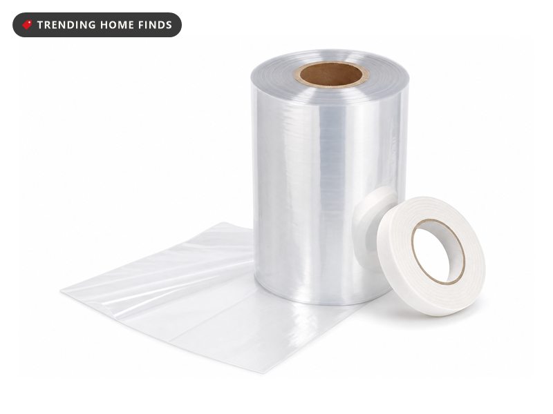 Window insulation shrink film kit with clear film and double-sided tape, on a white background