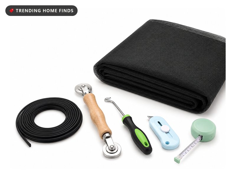 Window screen repair kit: rolled charcoal fiberglass mesh, spline coil, wood handle rolling tool, hook tool, utility knife and tape measure