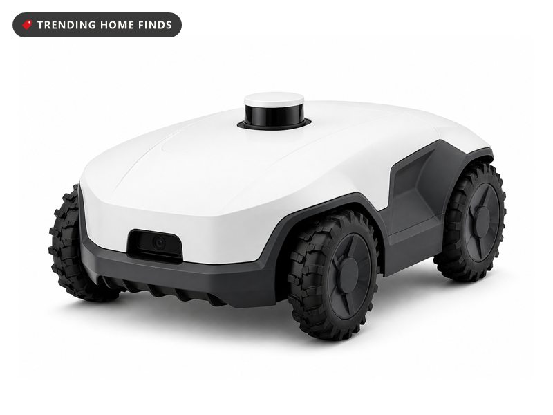 A white robot lawn mower cutting stripes across a dark back lawn late at night, its own lights on the grass and a patio door glowing behind it.