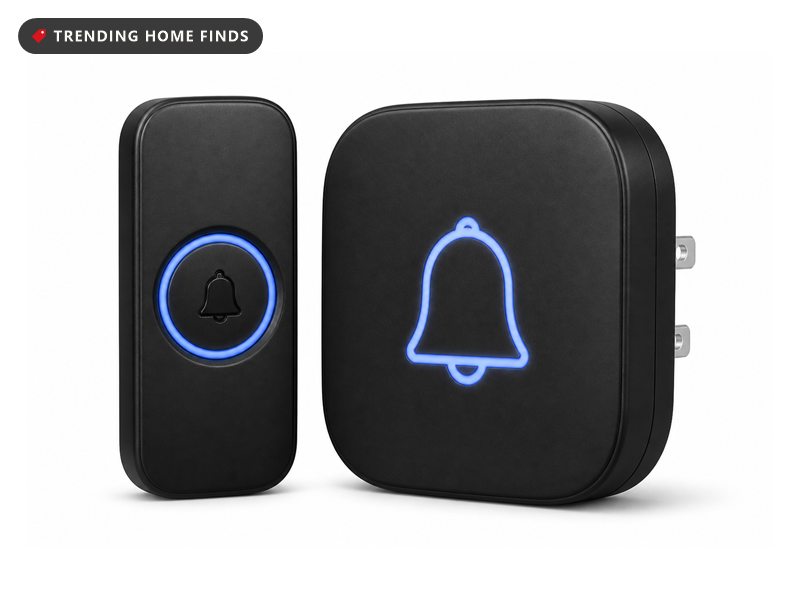 A matte black doorbell push button with a glowing blue ring beside a rounded square plug in chime unit with a lit bell outline.