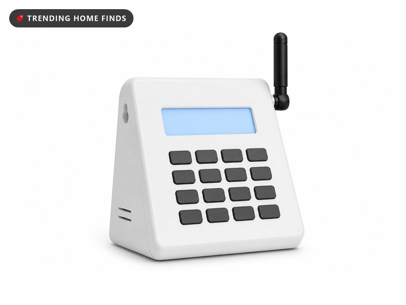 Three wedge shaped white intercom units with blank keypads, lit blue screens and short upright antennas.