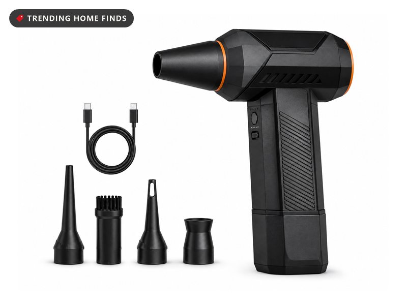 Black cordless electric air duster shaped like a compact blower, shown with four snap on nozzles and a USB-C charging cable