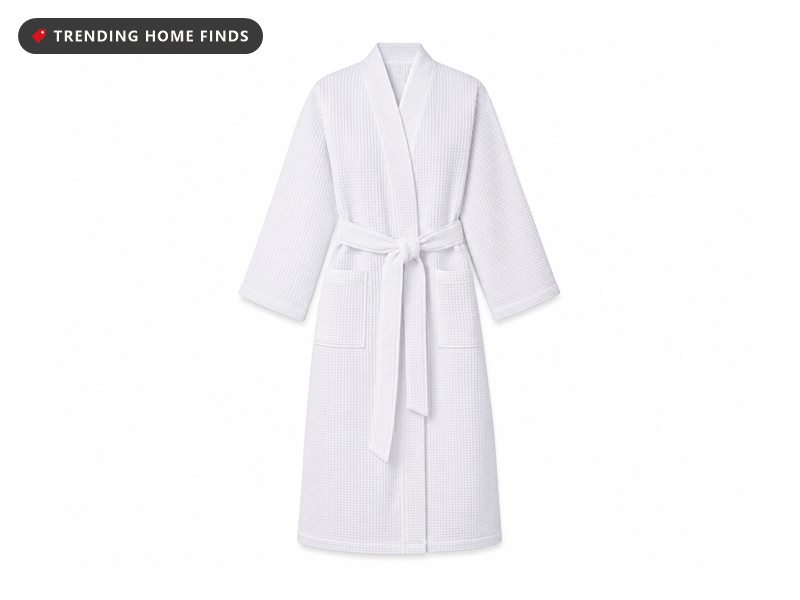 White waffle-weave kimono robe with a tie belt