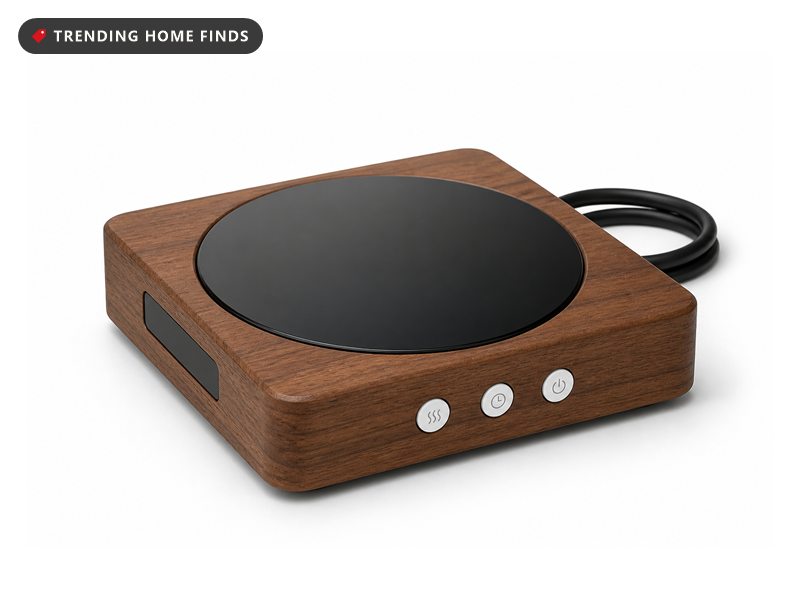 A square warming plate wrapped in wood grain with a round black glass top and three small control buttons.
